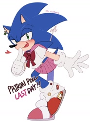 Size: 1292x1743 | Tagged: safe, artist:kerensoniconly, sonic the hedgehog, 2023, blushing, crossdressing, ear piercing, earring, english text, femboy, heart, lidded eyes, looking at viewer, male, mouth open, odd shoes, pointing, schoolgirl outfit, signature, smile, solo