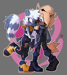 Size: 1260x1398 | Tagged: safe, artist:revkons, tangle the lemur, whisper the wolf, 2023, abstract background, alternate outfit, blushing, duo, holding another's arm, lesbian, looking at each other, outline, shipping, sports wear, standing, tangle x whisper