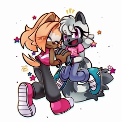 Size: 1000x1000 | Tagged: safe, artist:just_marcyart, tangle the lemur, whisper the wolf, 2023, alternate outfit, bisexual, bisexual pride, duo, eye clipping through hair, holding hands, lesbian, lesbian pride, looking at viewer, looking back at viewer, pride, pride flag, shipping, signature, simple background, smile, standing, star (symbol), tangle x whisper, white background