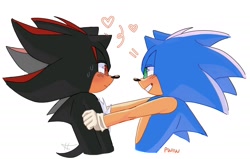 Size: 2048x1300 | Tagged: safe, artist:wwstpfm, shadow the hedgehog, sonic the hedgehog, 2023, duo, frown, gay, heart, holding them, lidded eyes, looking at each other, shadow x sonic, shipping, signature, simple background, smile, sweatdrop, wagging tail, white background