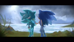Size: 2048x1152 | Tagged: safe, artist:ochi06, shadow the hedgehog, sonic the hedgehog, sonic frontiers, 2023, abstract background, daytime, duo, eyes closed, gay, hand on another's face, looking at them, outdoors, shadow x sonic, shipping, standing