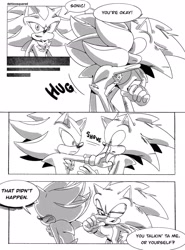 Size: 1513x2048 | Tagged: safe, artist:dehloosquared, shadow the hedgehog, sonic the hedgehog, 2023, comic, dialogue, duo, english text, gay, hugging, lidded eyes, messy hair, monochrome, panels, sfx, shadow x sonic, shipping, shove, speech bubble, standing