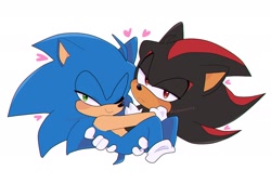 Size: 2048x1395 | Tagged: safe, artist:qtcakesentry, shadow the hedgehog, sonic the hedgehog, 2023, blushing, carrying them, cute, duo, frown, gay, heart, holding each other, lidded eyes, looking at viewer, shadow x sonic, shadowbetes, shipping, smile, sonabetes, wink