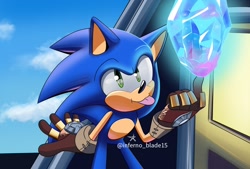 Size: 1334x900 | Tagged: safe, artist:inferno_blade15, sonic the hedgehog, sonic prime, sonic prime s2, 2023, abstract background, cute, looking ahead, paradox prism, redraw, signature, smile, solo, sonabetes, tongue out