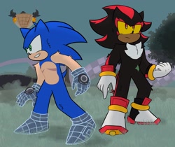 Size: 2048x1718 | Tagged: safe, artist:_errorserenity, shadow the hedgehog, sonic the hedgehog, sonic prime s2, 2023, abstract background, arm fluff, duo, frown, leg fluff, redraw, scar, shoulder fluff, smile, standing, top surgery scars, trans male, transgender, yellow sclera