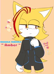 Size: 1519x2048 | Tagged: safe, artist:cuenta30161172, oc, oc:amber, hedgehog, 2023, :), blushing, bodysuit, character name, clothes, eyelashes, fankid, female, frown, heart, lidded eyes, looking offscreen, magical gay spawn, orange background, parent:shadow, parent:tails, parents:shadails, red eyes, simple background, solo, standing, star (symbol), yellow fur