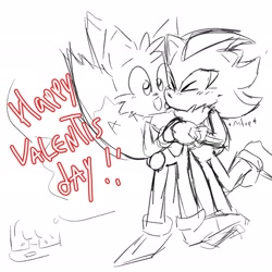 Size: 2048x2048 | Tagged: safe, artist:geinsfw1, miles "tails" prower, shadow the hedgehog, 2023, blushing, cute, duo, english text, eyes closed, gay, intentional typo, licking, line art, mouth open, sfx, shadails, shadowbetes, shipping, signature, sketch, smile, standing, tailabetes, tongue out, typo, valentine's day