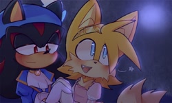 Size: 2048x1230 | Tagged: safe, artist:autsomlas, miles "tails" prower, shadow the hedgehog, 2023, abstract background, blushing, crossdressing, dress, duo, femboy, gay, hat, holding hands, lidded eyes, looking at them, looking offscreen, mouth open, one fang, shadails, shipping, smile, star (symbol), tiara