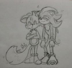 Size: 2048x1923 | Tagged: safe, artist:anasnchez, miles "tails" prower, shadow the hedgehog, 2022, cute, duo, eyes closed, frown, gay, heart, line art, looking at them, nuzzle, pencilwork, shadails, shadowbetes, shipping, signature, sketch, smile, standing, traditional media