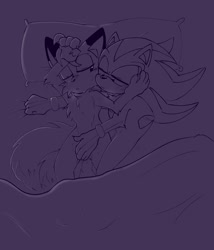 Size: 1757x2048 | Tagged: suggestive, artist:sh6daails9, miles "tails" prower, shadow the hedgehog, 2022, bed, blushing, crotch grab, duo, frown, gay, hugging from behind, indoors, lidded eyes, looking at them, monochrome, older, pillow, pout, purple, shadails, shipping
