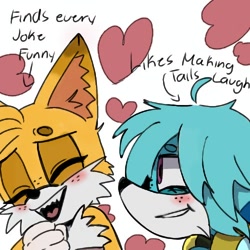 Size: 500x500 | Tagged: safe, artist:echulmyumie, kit the fennec, miles "tails" prower, 2023, blushing, duo, ear fluff, english text, freckles, gay, heart, kitails, laughing, shipping, simple background, smile, white background