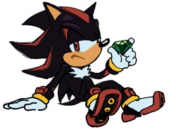 Size: 1245x914 | Tagged: safe, artist:peeper201, shadow the hedgehog, 2023, chaos emerald, frown, holding something, lidded eyes, looking at viewer, simple background, sitting, solo, white background