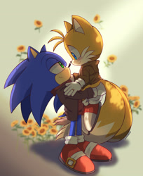 Size: 2407x2952 | Tagged: safe, artist:mintokitsune_, miles "tails" prower, sonic the hedgehog, abstract background, blushing, clothes, duo, flower, gay, lidded eyes, lifting them, looking at each other, romantic, shipping, smile, sonic x tails, standing, sunflower, valentine's day