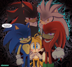 Size: 2548x2391 | Tagged: safe, artist:mintokitsune_, knuckles the echidna, miles "tails" prower, shadow the hedgehog, silver the hedgehog, sonic the hedgehog, abstract background, blushing, dialogue, english text, frown, gay, glowing eyes, group, knuxails, looking at viewer, male, males only, shadails, shipping, silvails, sonic x tails, speech bubble, standing, tails gets all the boys, talking to viewer, yandere