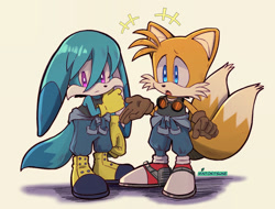 Size: 1604x1216 | Tagged: safe, artist:mintokitsune_, kit the fennec, miles "tails" prower, brown gloves, clothes, duo, frown, goggles, goggles around neck, jet anklet, looking at them, looking away, mouth open, overalls, signature, simple background, standing, talking, tank top, yellow gloves