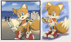 Size: 2798x1679 | Tagged: safe, artist:mintokitsune_, miles "tails" prower, shadow the hedgehog, silver the hedgehog, abstract background, beach, eating, ice lolly, looking at viewer, mario and sonic at the 2020 olympic games, ocean, pizza, silhouette, smile, solo focus, standing, trio
