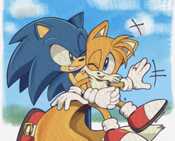 Size: 2031x1642 | Tagged: safe, artist:mintokitsune_, miles "tails" prower, sonic the hedgehog, abstract background, blushing, clouds, cute, daytime, duo, gay, hugging from behind, looking at each other, one eye closed, outdoors, shipping, signature, smile, sonic x tails, standing, surprise hug, wedding ring