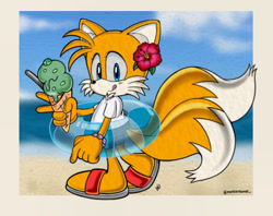 Size: 2400x1899 | Tagged: safe, artist:mintokitsune_, miles "tails" prower, abstract background, barefoot, beach, blushing, border, bracelet, cute, daytime, eyelashes, flower, flower in ear, gloves off, holding something, ice cream, looking at viewer, male, mint candy, outdoors, redraw, sandals, shirt, shorts, signature, smile, solo, swimming tube, tailabetes, that fox sure loves mint candy, tongue out, uekawa style, v sign, walking