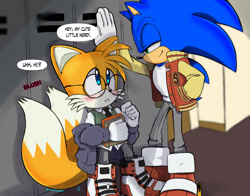 Size: 2300x1800 | Tagged: safe, artist:mintokitsune_, sonic the hedgehog, :<, abstract background, alternate universe, blushing, book, bully, clothes, cute, dialogue, duo, english text, flirting, frown, gay, glasses, high school, holding something, indoors, lidded eyes, locker, looking at each other, nerd, oversized, redraw, scared, sfx, shipping, signature, smile, sonic x tails, standing, tailabetes