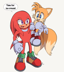 Size: 1700x1900 | Tagged: safe, artist:mintokitsune_, knuckles the echidna, miles "tails" prower, sonic the hedgehog 2 (2022), carrying them, dialogue, duo, duo male, english text, eyelashes, grey background, looking at each other, male, males only, redraw, riding on shoulder, simple background, smile, speech bubble, standing