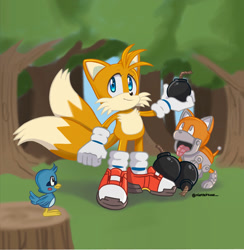 Size: 1282x1314 | Tagged: safe, artist:mintokitsune_, flicky, miles "tails" prower, t-pup, abstract background, alternate shoes, bomb, holding something, looking up, outdoors, robot, smile, standing, tails adventure, tree, tree stump, trio
