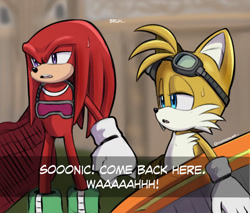 Size: 1700x1445 | Tagged: safe, artist:mintokitsune_, knuckles the echidna, miles "tails" prower, abstract background, babylon garden, bruh, dialogue, duo, english text, extreme gear, goggles, goggles around neck, goggles on head, holding something, implied amy, implied sonic, lidded eyes, looking offscreen, mouth open, redraw, sonic riders, standing, sweatdrop