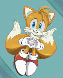 Size: 1436x1757 | Tagged: safe, artist:mintokitsune_, miles "tails" prower, abstract background, blushing, clenched teeth, cute, eyelashes, grey sclera, heart hands, looking at viewer, male, signature, smile, solo, sparkles, standing, tailabetes