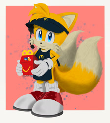 Size: 1700x1896 | Tagged: safe, artist:mintokitsune_, miles "tails" prower, abstract background, apron, border, brown nose, cap, cute, fluffy, happy meal, holding something, lineless, mcdonalds, mcdonalds employee outfit, smile, solo, standing, tailabetes