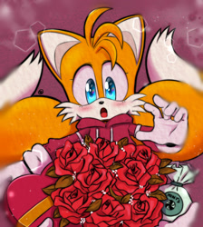 Size: 1700x1900 | Tagged: safe, artist:mintokitsune_, miles "tails" prower, sonic the hedgehog, bag, blushing, box, character pov, chocolate box, clothes, duo, eyelashes, flower bouquet, gay, hoodie, looking at something, mint candy, mouth open, rose, shipping, signature, simple background, solo focus, sonic x tails, sparkles, surprised, valentine's day