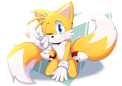 Size: 3576x2536 | Tagged: safe, artist:nea_kemono, miles "tails" prower, abstract background, blushing, cute, heart, kneeling, looking at viewer, smile, solo, tailabetes, v sign, wink