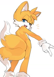 Size: 1019x1447 | Tagged: safe, artist:pearl.g.e, miles "tails" prower, lidded eyes, looking back at viewer, mouth open, simple background, smile, solo, standing, white background