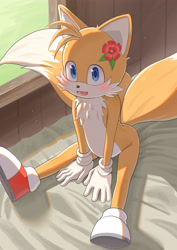 Size: 3500x4950 | Tagged: safe, artist:hoyahoya, miles "tails" prower, abstract background, alternate version, bed, blushing, chest fluff, cute, flower, flower in ear, indoors, looking at viewer, mouth open, sitting, smile, solo, tailabetes, window