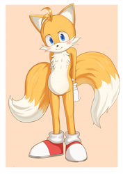 Size: 3500x4950 | Tagged: safe, artist:hoyahoya, miles "tails" prower, blushing, border, cute, hands behind back, looking at viewer, simple background, smile, solo, standing, tailabetes, tan background