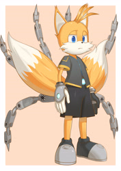 Size: 3500x4950 | Tagged: safe, artist:hoyahoya, miles "tails" prower, nine, sonic prime, border, frown, lidded eyes, looking at viewer, simple background, solo, standing, tan background