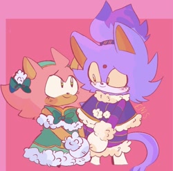 Size: 540x533 | Tagged: safe, artist:09emenems2, amy rose, blaze the cat, cat, hedgehog, 2021, amy x blaze, christmas, christmas outfit, cute, female, females only, holding hands, lesbian, looking at each other, shipping, winter outfit