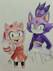 Size: 540x720 | Tagged: safe, artist:zer0ggsth, amy rose, blaze the cat, cat, hedgehog, 2021, amy x blaze, cute, female, females only, lesbian, looking at viewer, shipping, traditional media