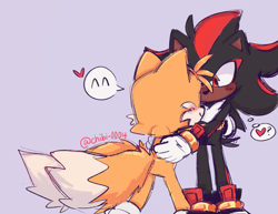Size: 2048x1582 | Tagged: safe, artist:chibi-0004, miles "tails" prower, shadow the hedgehog, ^^, blushing, brothers, duo, heart, hugging, purple background, question mark, role swap, signature, simple background, standing