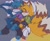 Size: 2048x1670 | Tagged: dead source, safe, artist:chibi-0004, kit the fennec, miles "tails" prower, abstract background, bed, blushing, claws, clothes, duo, eye clipping through hair, eyes closed, gay, indoors, kit x tails, lying on side, paws, pillow, shipping, sleeping, smile, snuggling