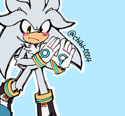 Size: 2048x1907 | Tagged: safe, artist:chibi-0004, silver the hedgehog, blue background, blushing, frown, leg fluff, looking at viewer, outline, simple background, sketch, solo, standing