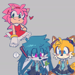 Size: 2048x2048 | Tagged: safe, artist:chibi-0004, amy rose, kit the fennec, miles "tails" prower, blushing, cosplay, crossdressing, femboy, frown, grey background, hatsune miku, heart, mouth open, question mark, simple background, smile, trio