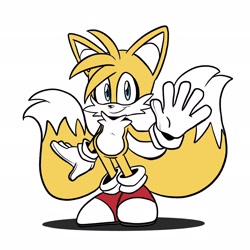 Size: 2048x2048 | Tagged: safe, artist:butterrrmoth, miles "tails" prower, flat colors, looking at viewer, shadow (lighting), simple background, smile, solo, standing, waving, white background