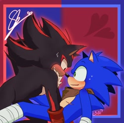 Size: 1548x1536 | Tagged: safe, artist:sheyeregey, artist:snappyobbg, shadow the hedgehog, sonic the hedgehog, 2023, abstract background, blushing, border, duo, embarrassed, gay, heart, looking at each other, outline, shadow x sonic, shipping, signature, sonic boom (tv), sweatdrop, top surgery scars, trans male, transgender