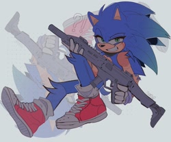Size: 2048x1699 | Tagged: safe, artist:tsoatku, sonic the hedgehog, 2023, alternate shoes, arm fluff, blushing, echo background, exclamation mark, gun, holding something, leg fluff, looking at viewer, question mark, shoulder fluff, sitting, smile, solo