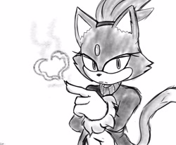 Size: 1888x1560 | Tagged: safe, artist:rayonim, blaze the cat, 2023, fire finger, frown, greyscale, heart, looking at viewer, simple background, solo, standing, white background
