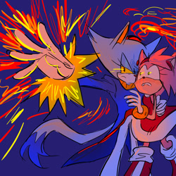 Size: 1280x1280 | Tagged: safe, artist:loveseiusa, amy rose, blaze the cat, cat, hedgehog, 2019, amy x blaze, amy's halterneck dress, angry, blaze's tailcoat, cute, female, females only, flame, hand on back, lesbian, protecting, shipping