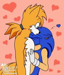 Size: 1800x2100 | Tagged: safe, artist:moontigerange1, miles "tails" prower, sonic the hedgehog, blushing, duo, eyes closed, floppy ears, fluffy, gay, heart, looking at them, older, pink background, ponytail, shipping, simple background, sonic x tails, standing