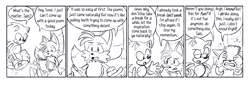 Size: 2048x694 | Tagged: safe, artist:sonic-the-strip, miles "tails" prower, sonic the hedgehog, anxious, classic sonic, classic tails, comic, dialogue, duo, english text, line art, notepad, panels, simple background, speech bubble, top surgery scars, trans male, transgender, white background