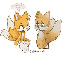 Size: 583x514 | Tagged: safe, artist:kurometsuki, miles "tails" prower, asf, cute, duo, english text, frown, looking at them, modern style, modern tails, movie style, one fang, self paradox, simple background, speech bubble, tailabetes, tears, white background
