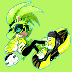 Size: 1200x1200 | Tagged: safe, artist:angievaldezart, surge the tenrec, clenched fist, extreme gear, goggles, green background, outline, simple background, solo, sonic riders