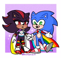 Size: 2048x1975 | Tagged: safe, artist:alienaliart, shadow the hedgehog, sonic the hedgehog, abstract background, ace, asexual pride, binder, border, cape, chibi, cute, duo, gay, gay pride, holding hands, nonbinary, nonbinary pride, pride, shadow x sonic, shadowbetes, shipping, sonabetes, sparkles, top surgery scars, trans male, trans pride, transgender